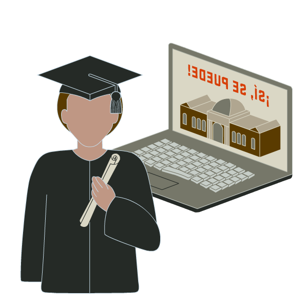 一个穿着毕业服、拿着毕业证书的人站在一台写着“Sí， Se Puede”的笔记本电脑旁! 在屏幕上